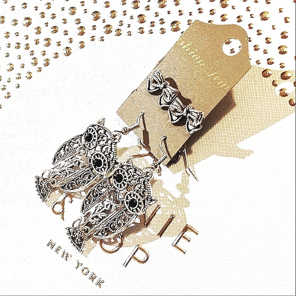 Cute Silver Owl Dangle Earrings & A Darling Pair Of Silver Ribbon Stud Earrings - Picture 6 of 8